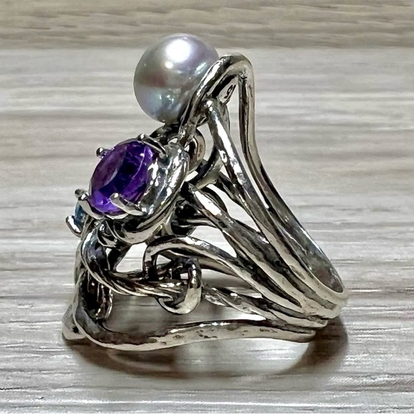 Designer Or Paz Sterling Silver Amethyst, Pearl, & Blue Topaz Ring, Size 5 - Picture 5 of 9